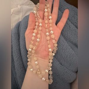 Beaded long fashion necklace, pink/nude, 36” chain, statement women’s jewelry